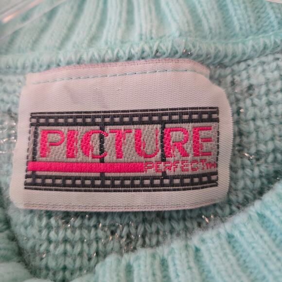 Vintage 80's Metallic Bow Print Cap Sleeve Pullover Sweater Blue Silver Retro - Picture 6 of 7